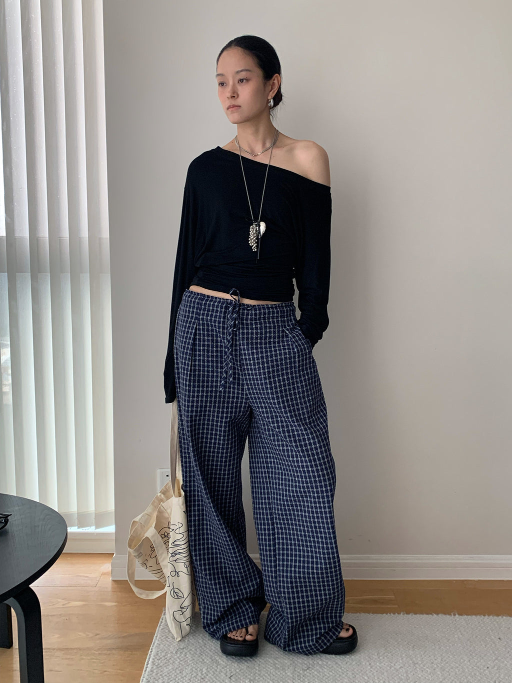 Drawstring Plaid Wide-leg Low-rise Pants