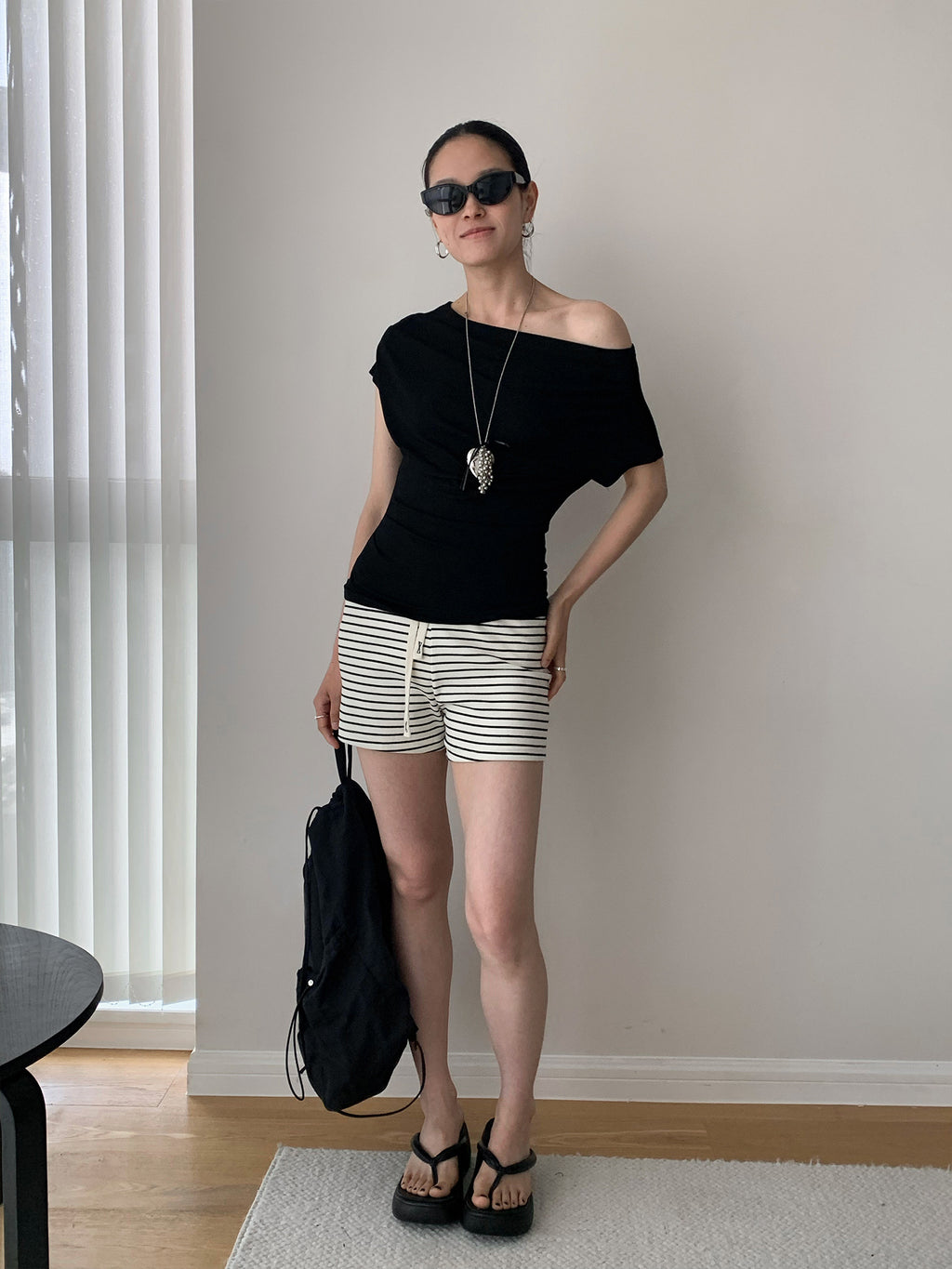 Draped Off Shoulder Boat Neck Ruched Fitted Top