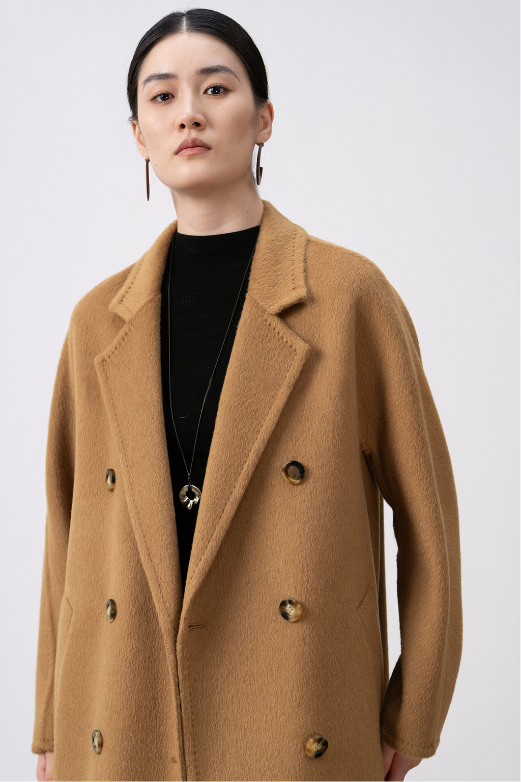 100% Camel Hair Velvet Double-Row Mid-Length Coat