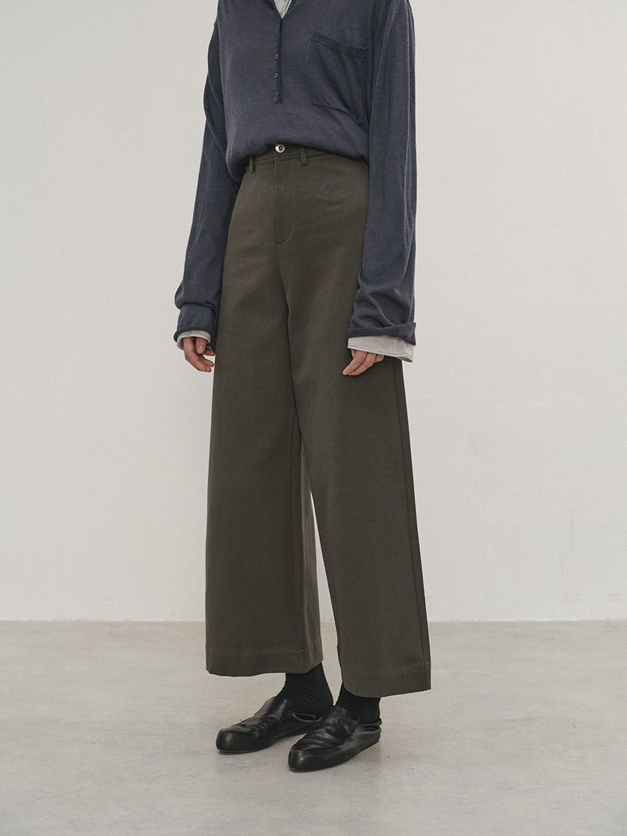 High-Waist Solid Color Cotton Slight Stretch Wide-Leg Cropped Pants