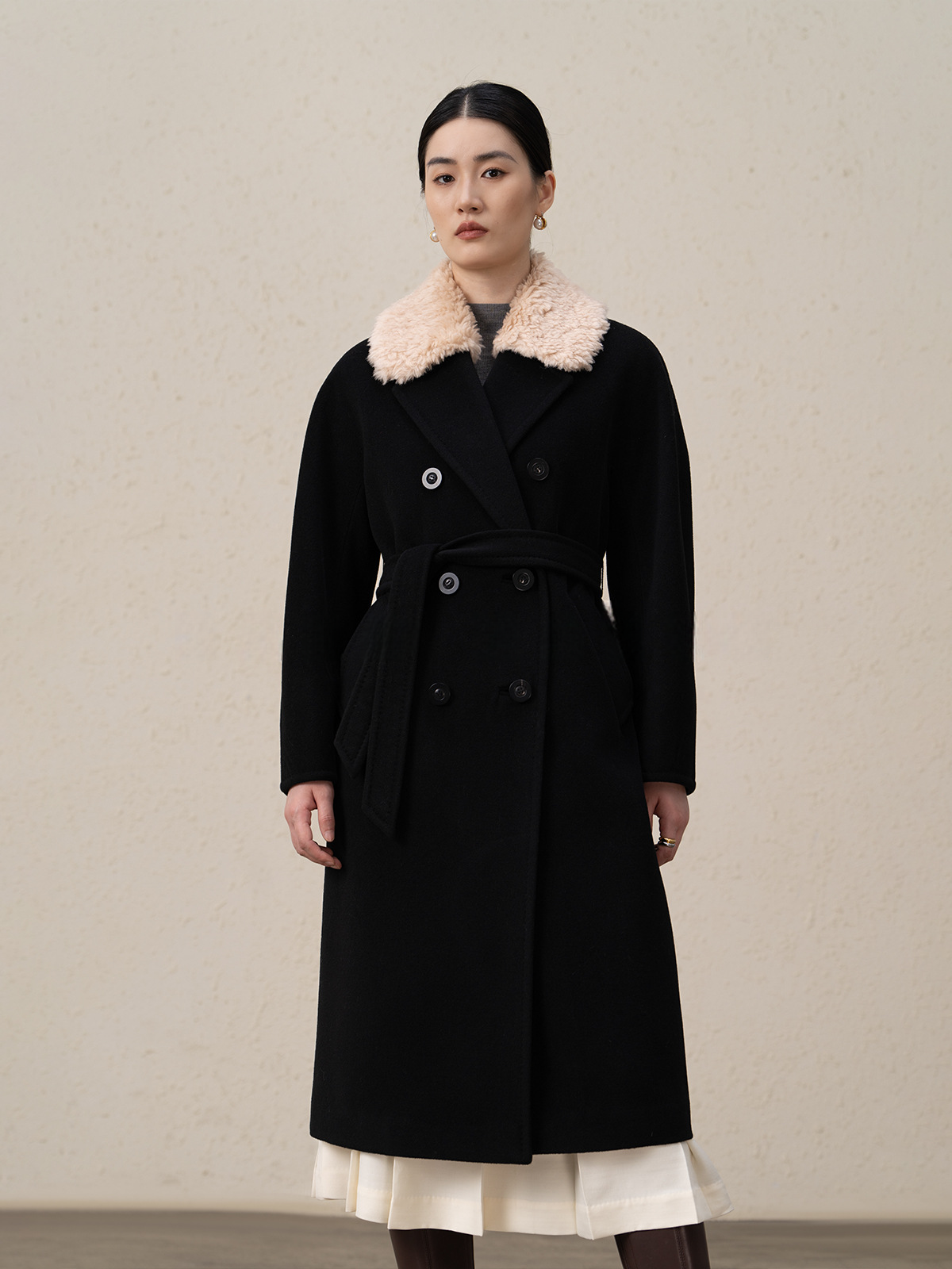 Double-Breasted Merino Wool & Cashmere Coat with Shearling Collar