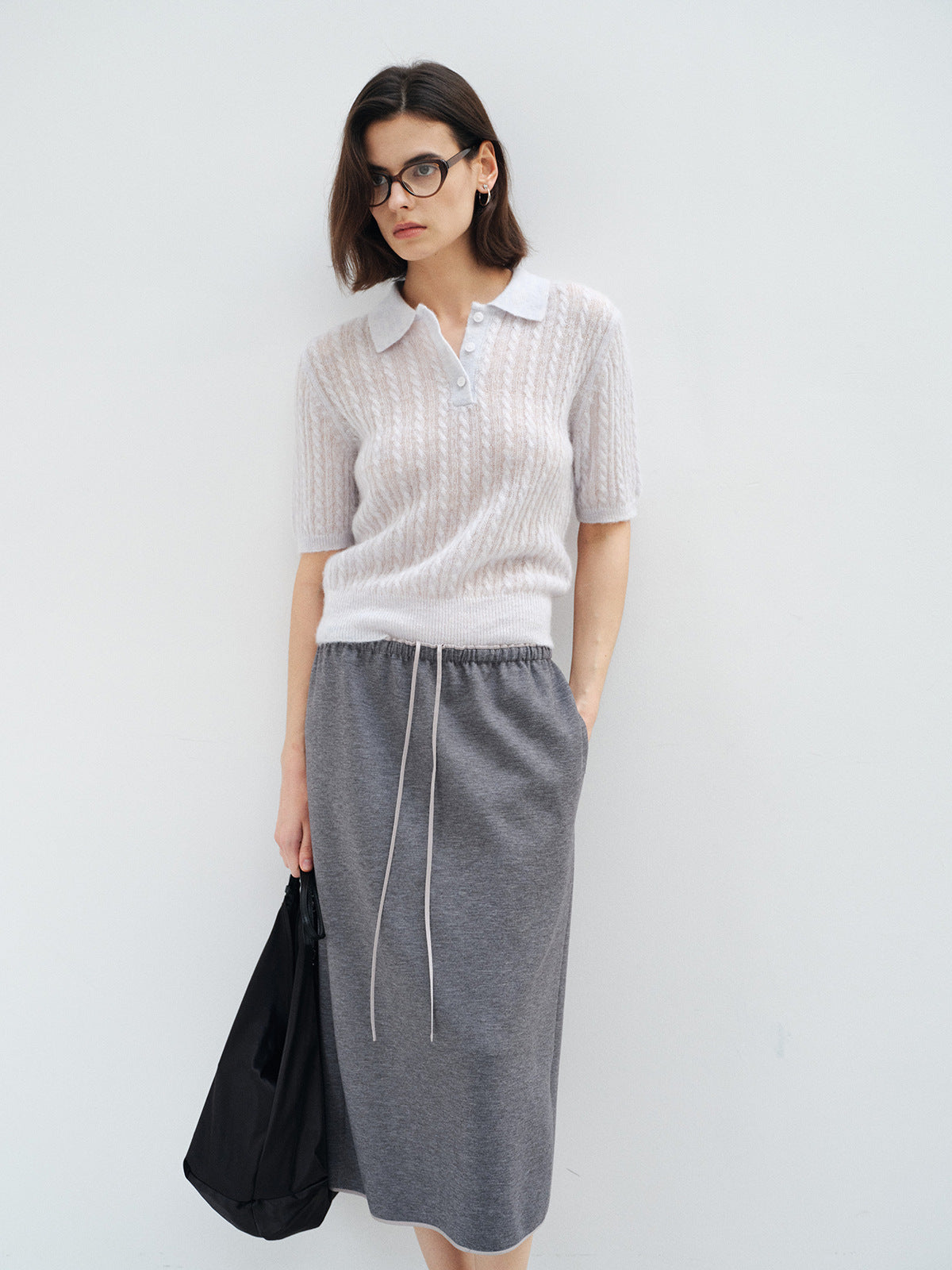 Drawstring Waist Straight Midi Skirt