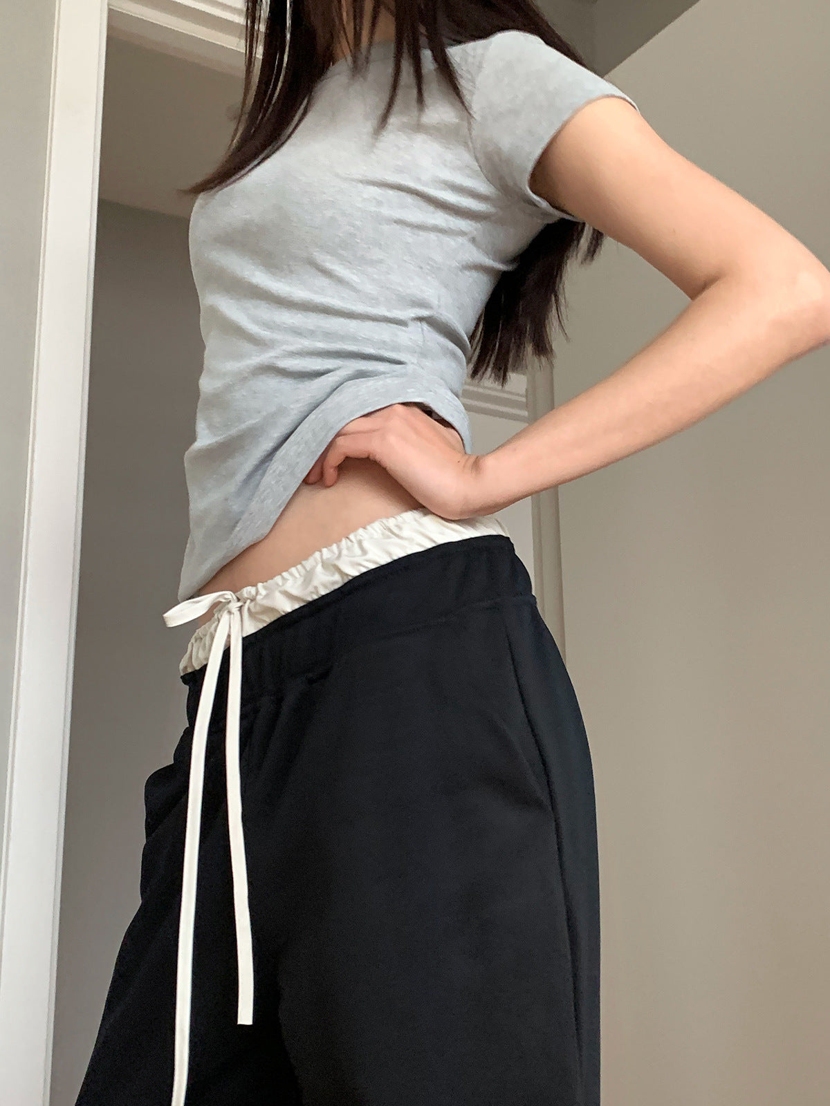 Spliced Waist Contrasting Wide-leg Elastic Waist Sweatpants