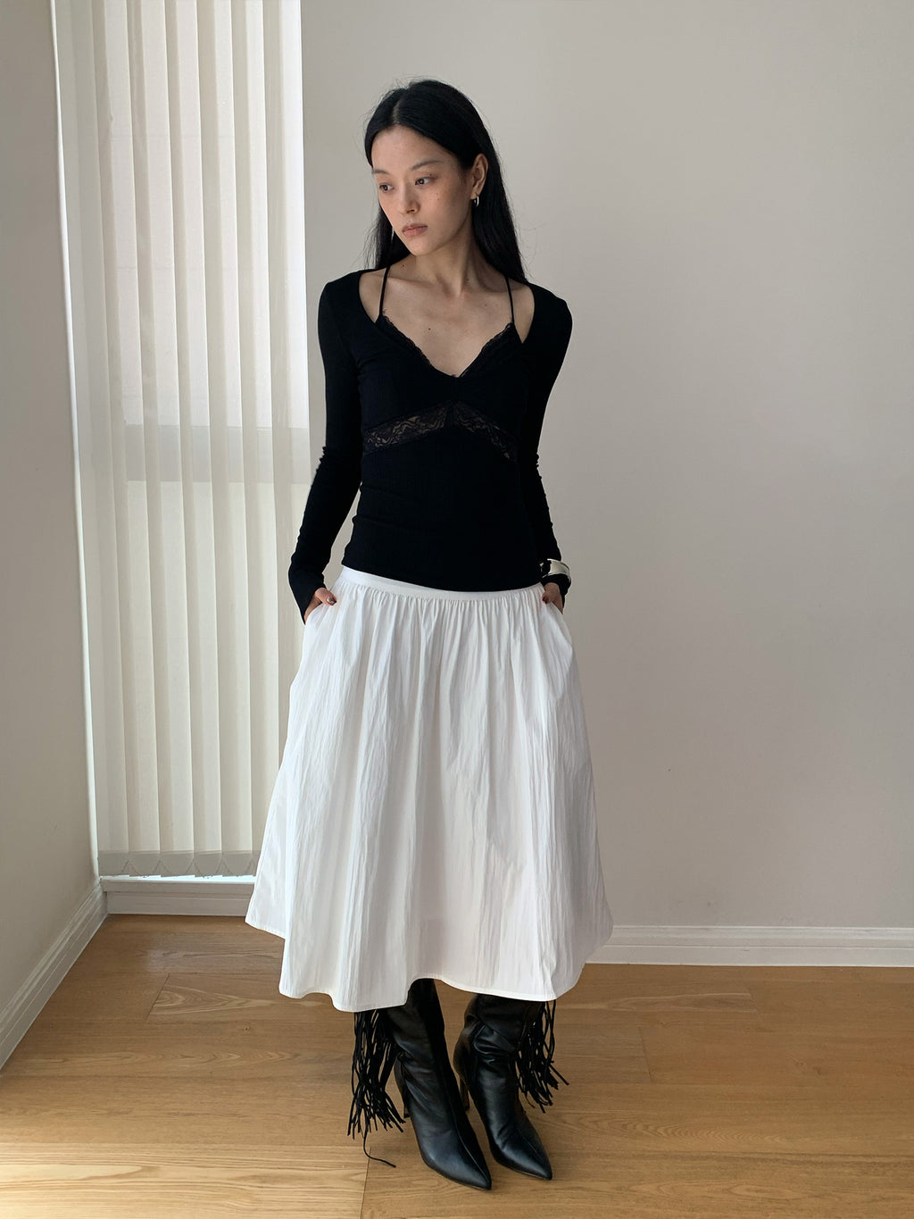 Pleated Textured High-waisted A-line Midi Skirt