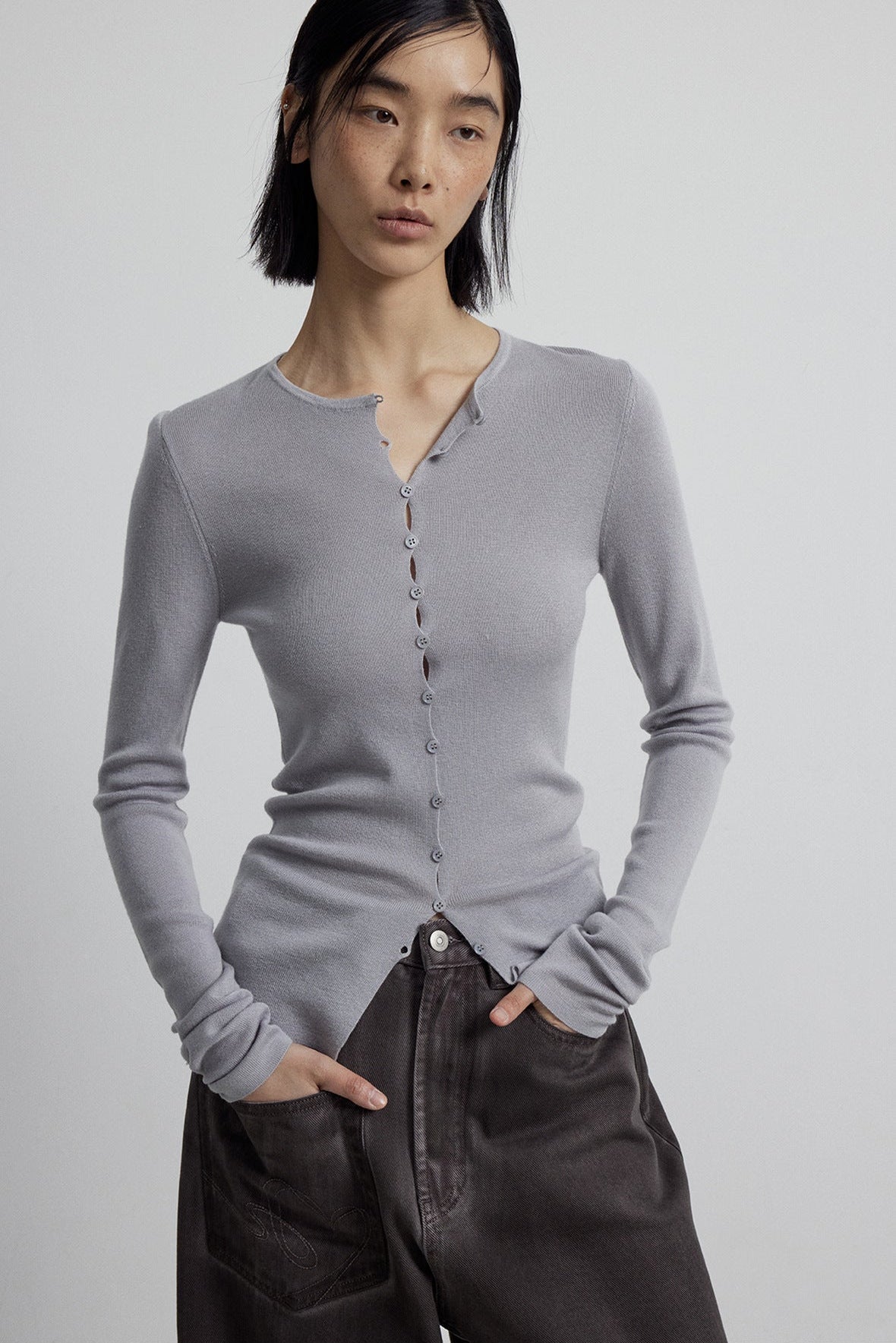 Close-fitting Wool Blend Long-sleeved Knit Single-breasted Cardigan Top
