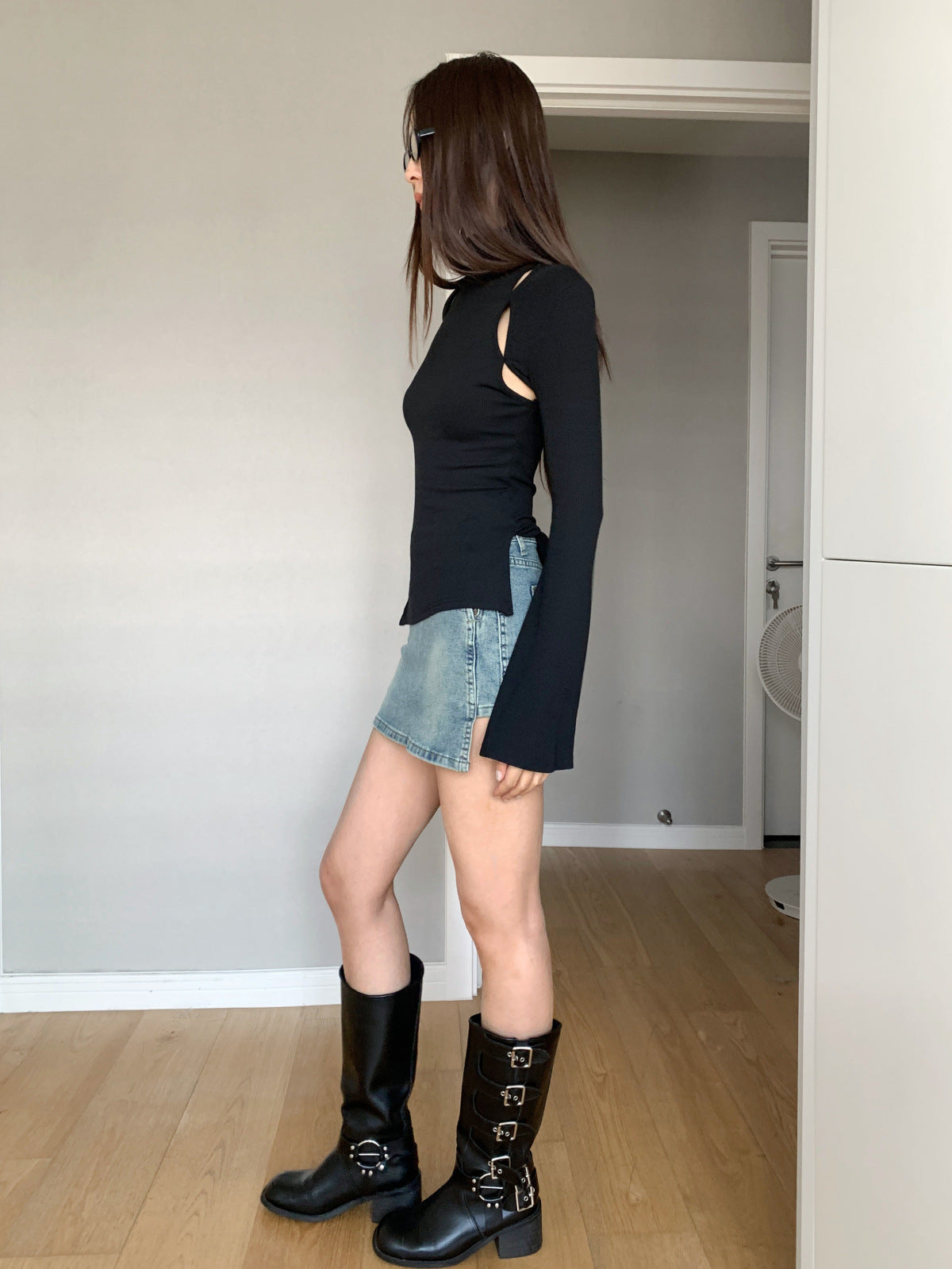 Mock Neck Ribbed Long Sleeve Cutout Top