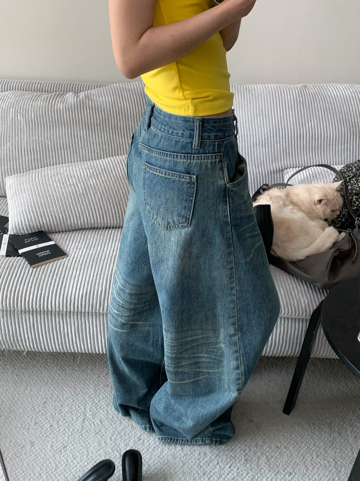 Low-Waisted Wide Leg Washed Long Baggy Jeans