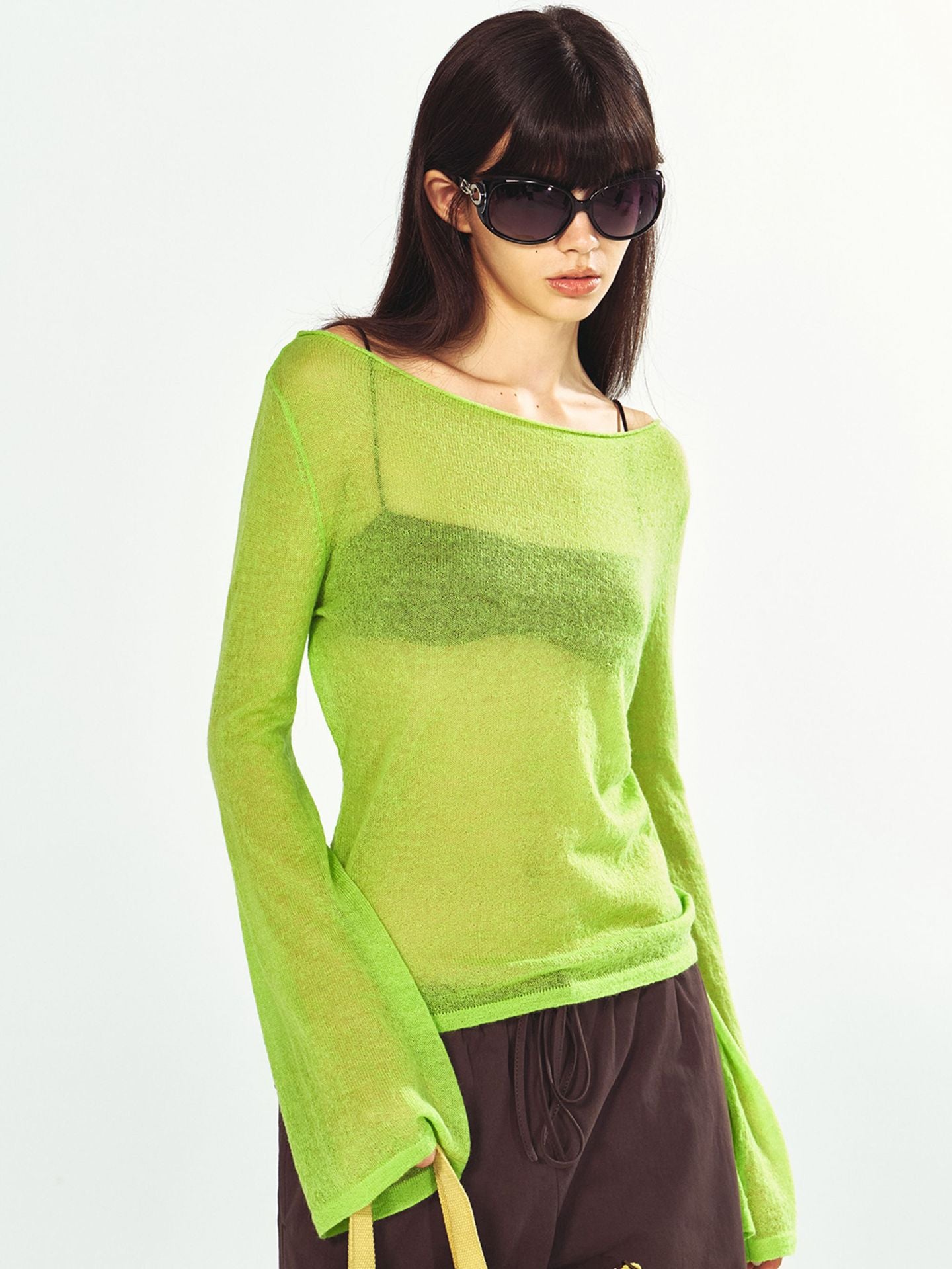 Ultra-fine Sheer Long-sleeve Boat-neck Knit Top