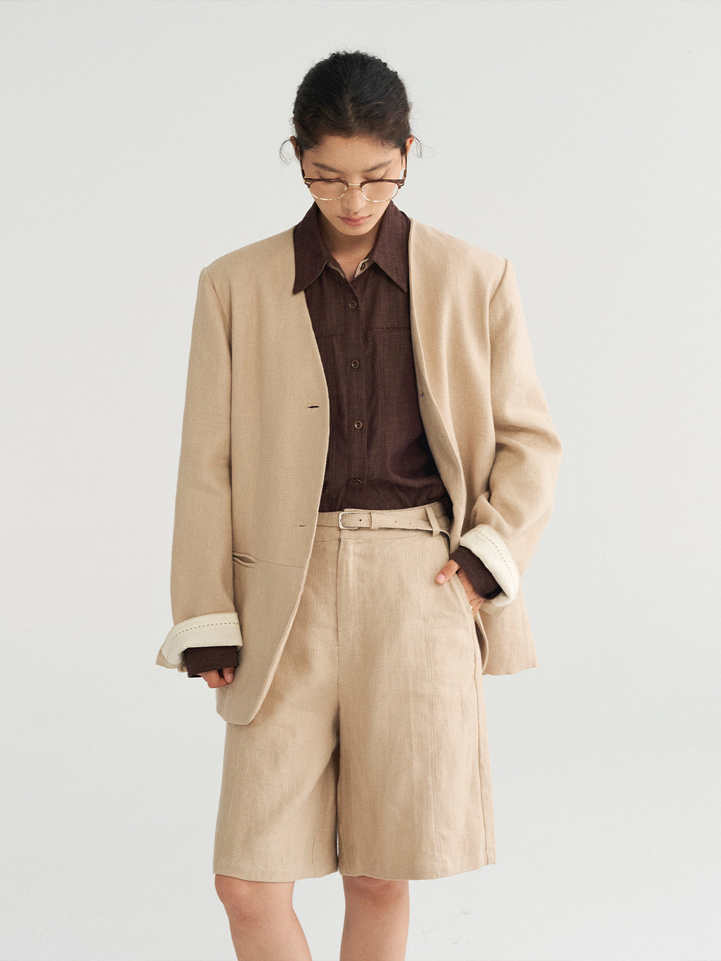 Linen Wide-Leg Mid-Length Shorts with Linen Belt