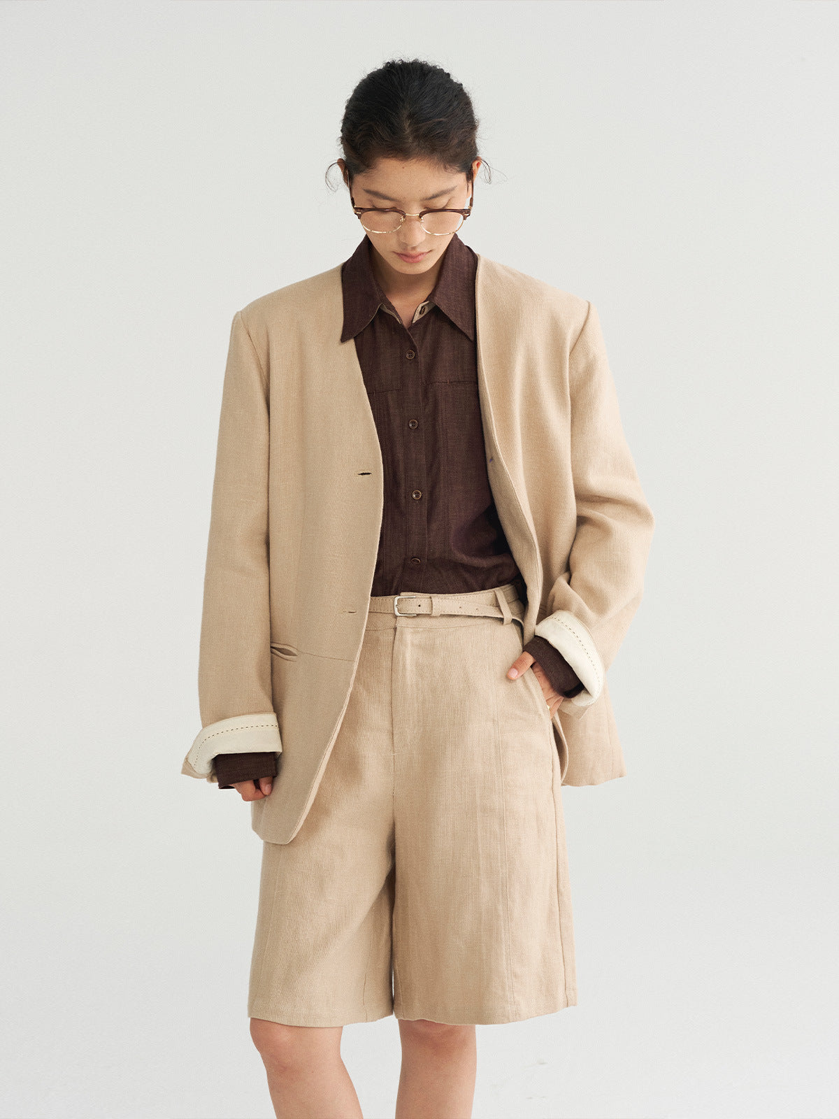 Linen Wide-Leg Mid-Length Shorts with Linen Belt