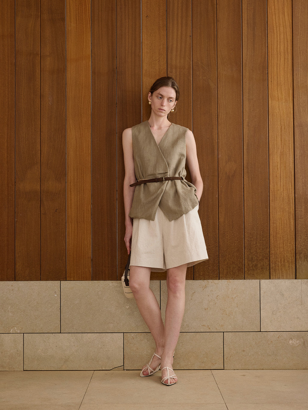 Textured Linen Blend Cross Sleeveless Vest with Belt