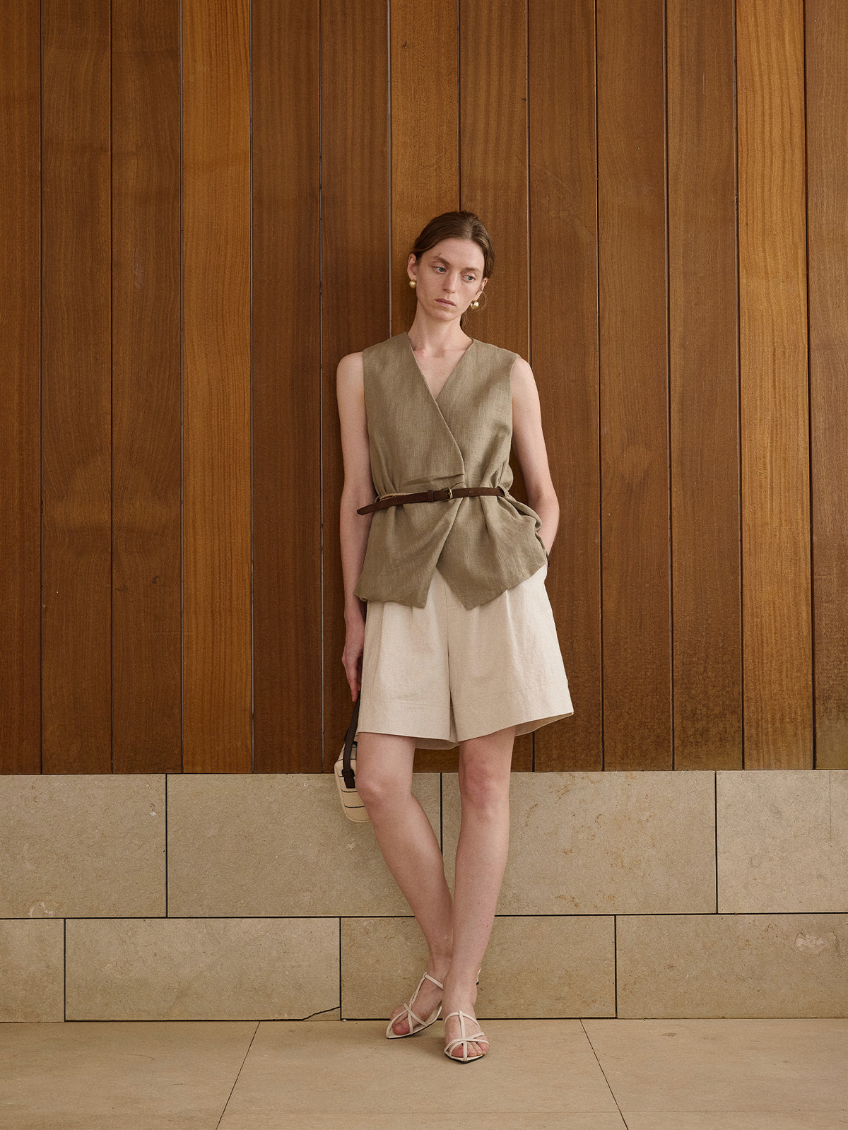 Textured Linen Blend Cross Sleeveless Vest with Belt