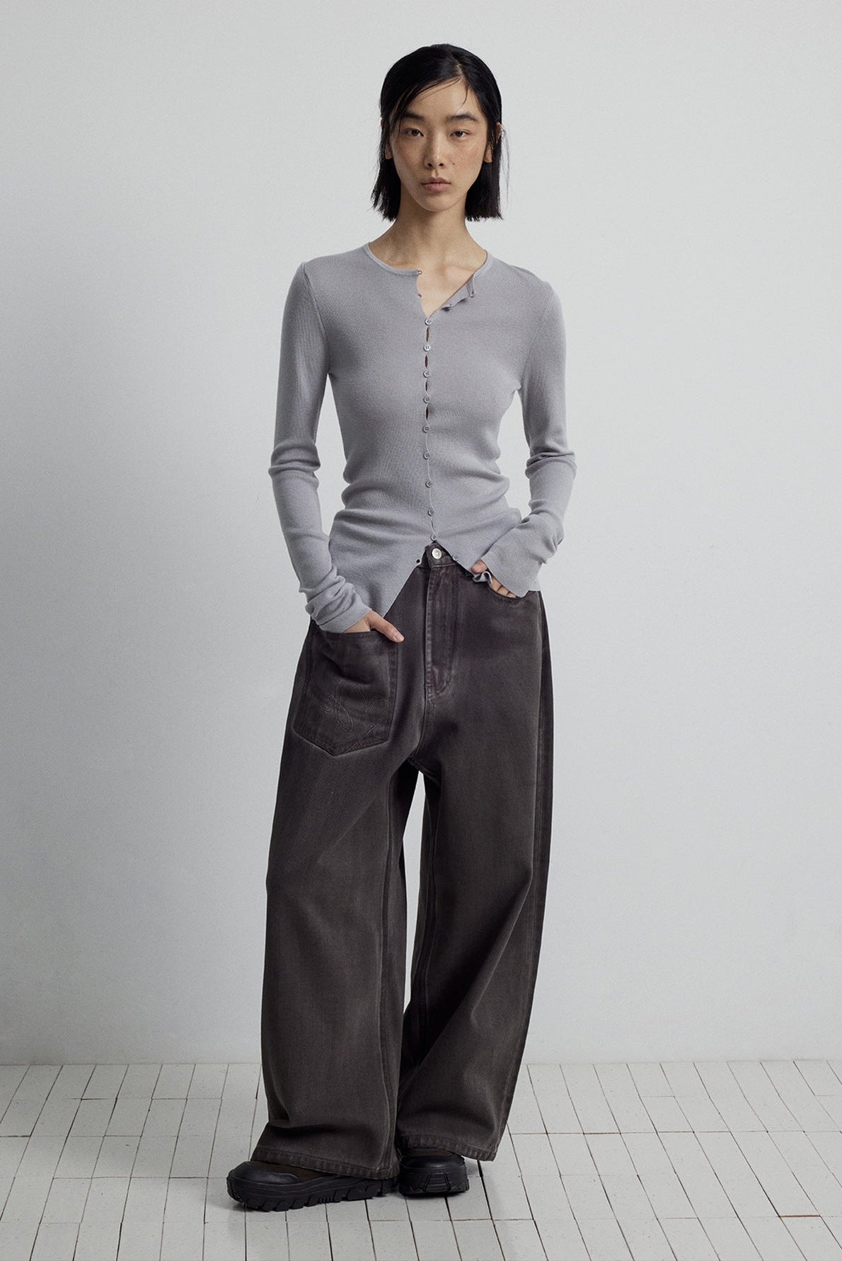Close-fitting Wool Blend Long-sleeved Knit Single-breasted Cardigan Top