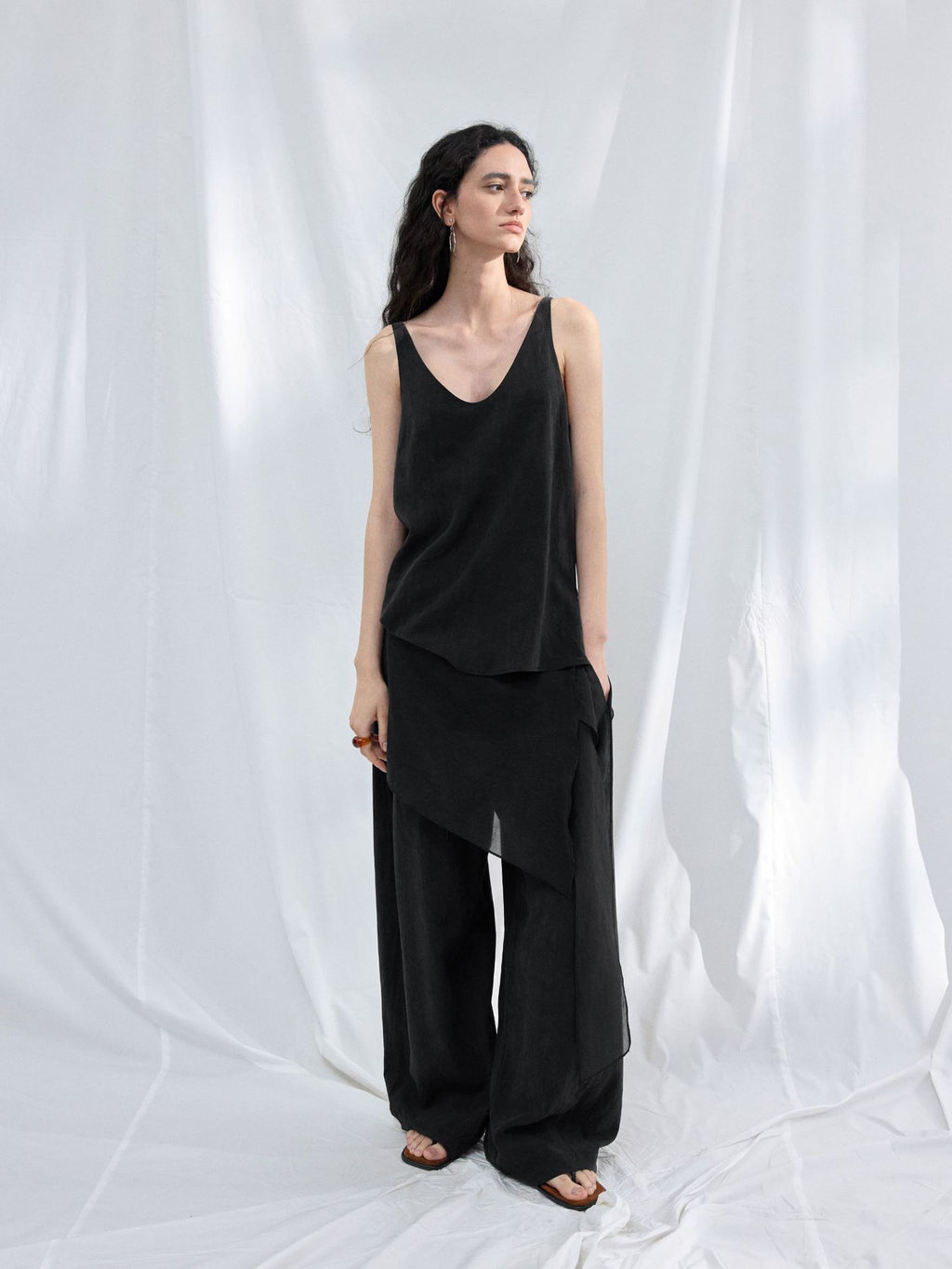 Tencel Elastic Waist Wide Leg Pants