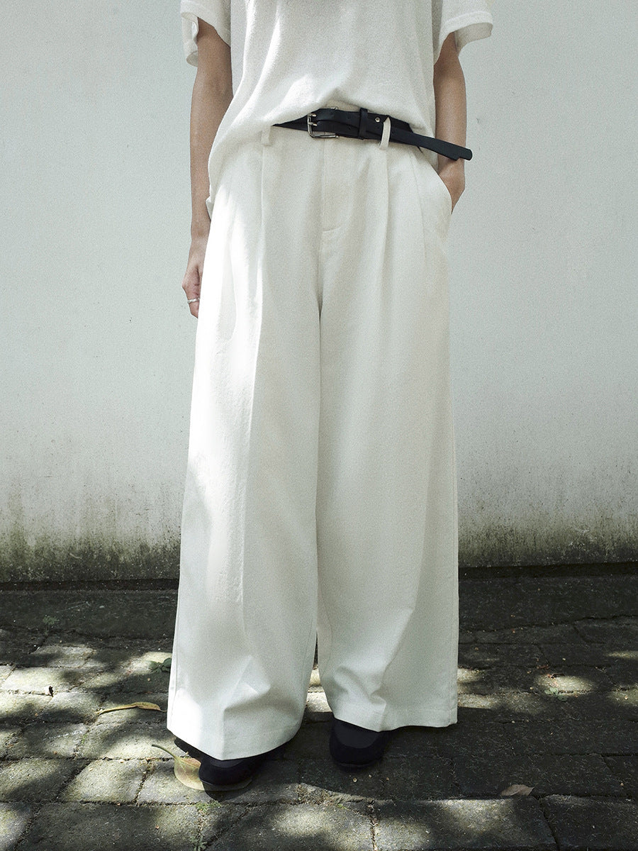 Double-Pleated Straight-Leg Pants with Belt