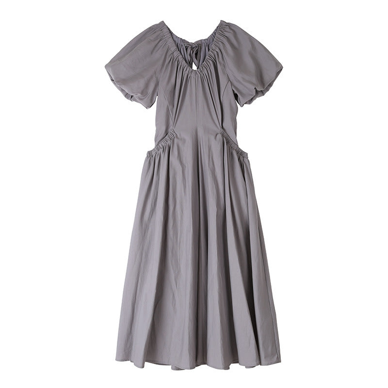 V-Neck Puffy Dress with Large Pockets