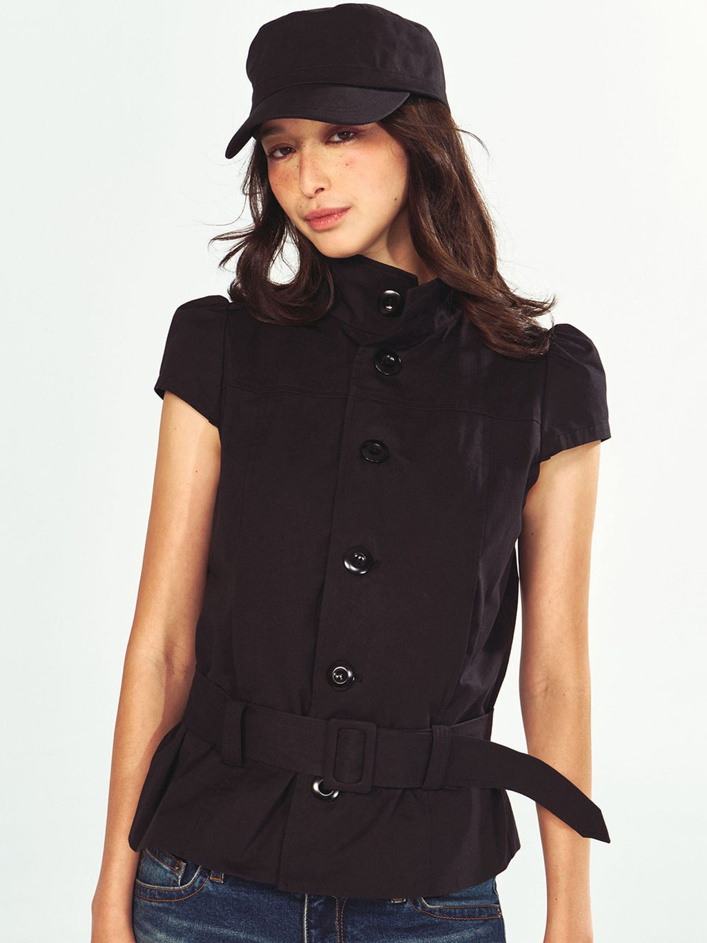Fashionable Stand Collar Single-Breasted Buckle Lace-Up Jacket Top