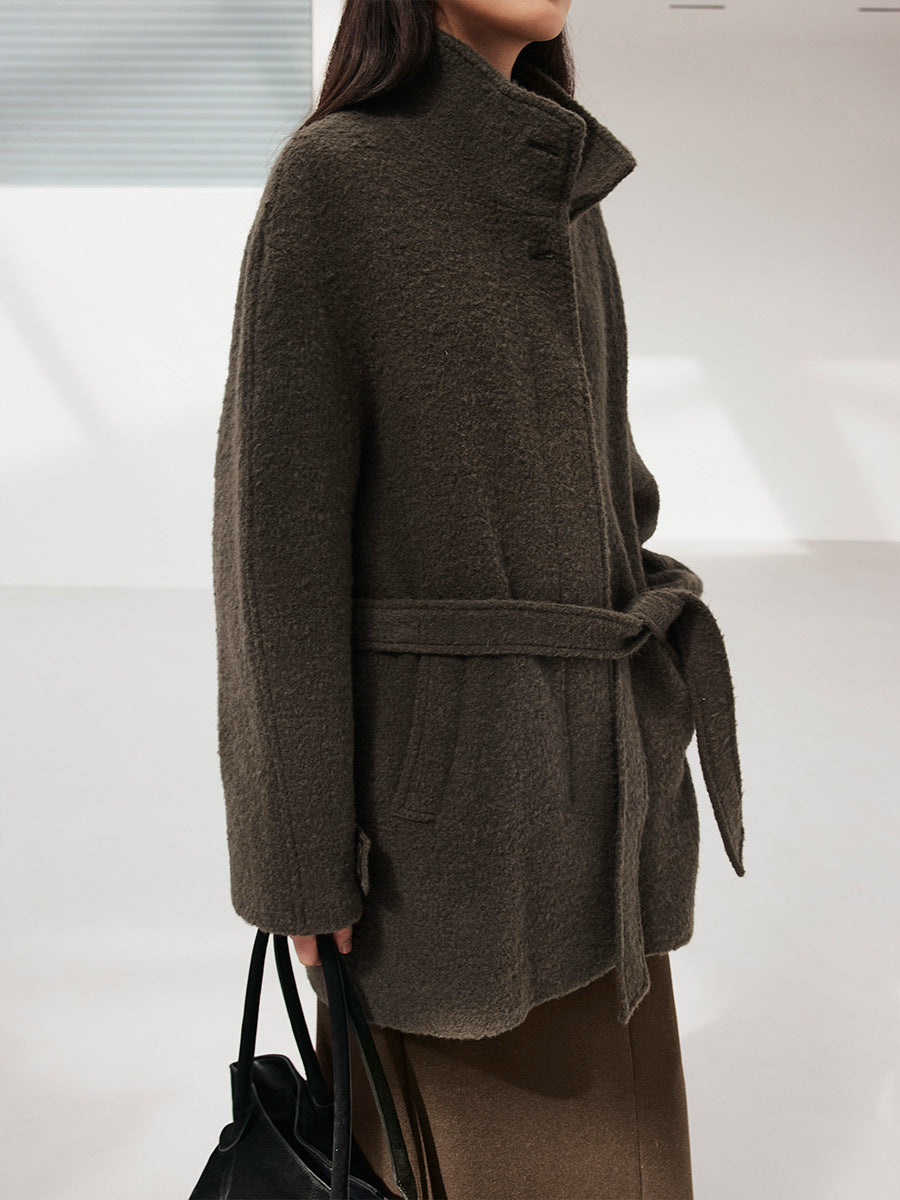 Solid Color Alpaca Warm Wool Coat with Waist Belt