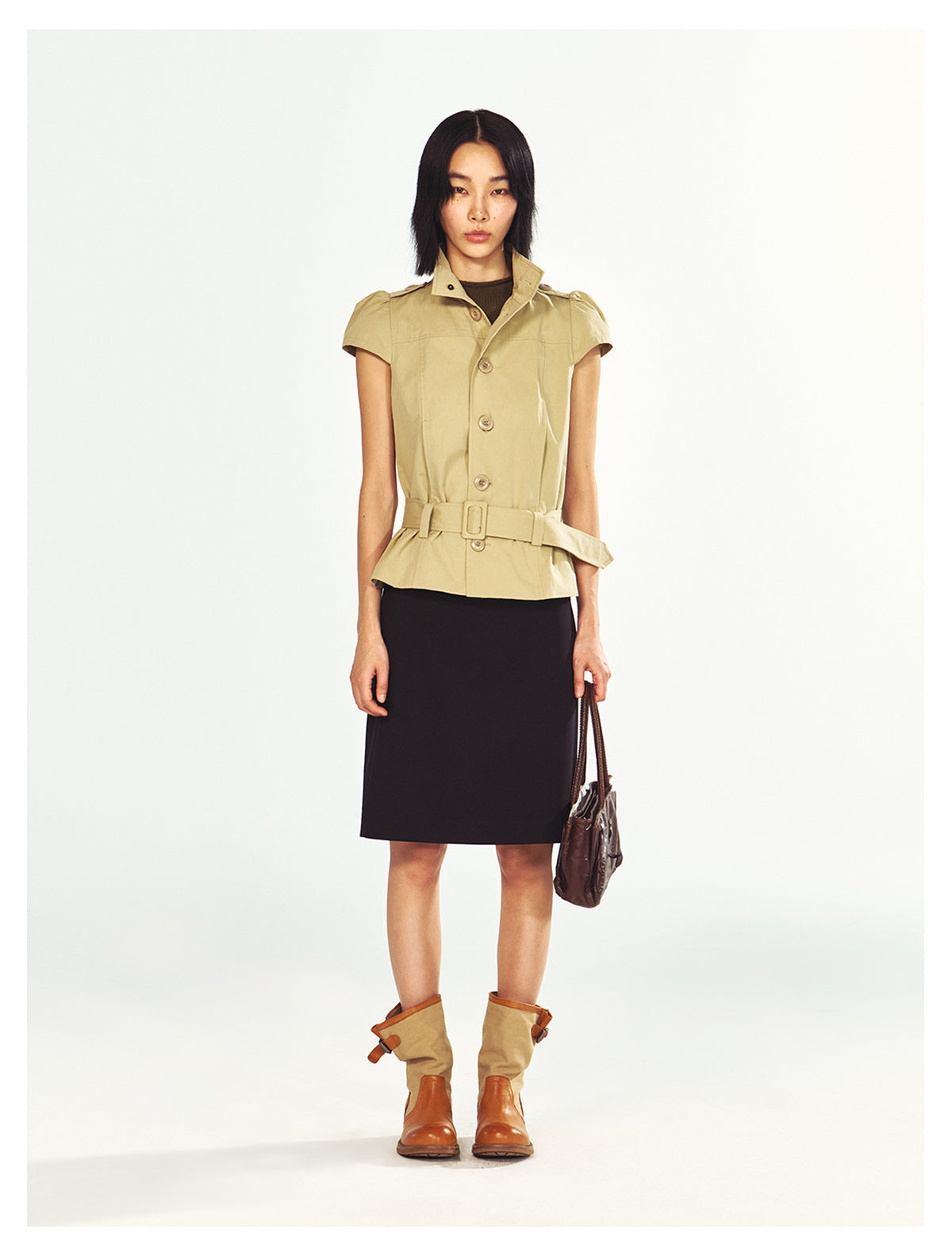 Fashionable Stand Collar Single-Breasted Buckle Lace-Up Jacket Top