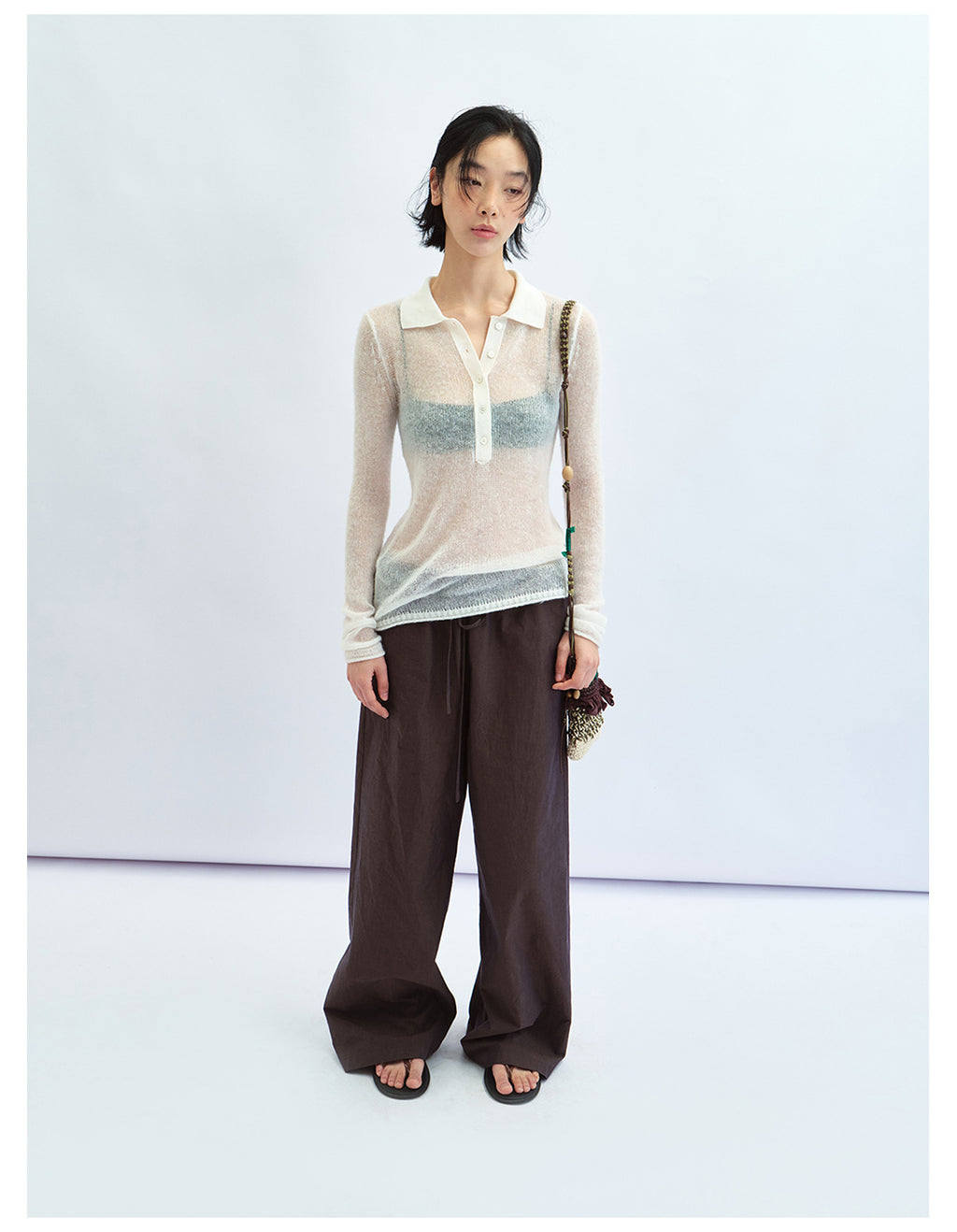 Sheer Layering Polo Collar Wool Knit Top