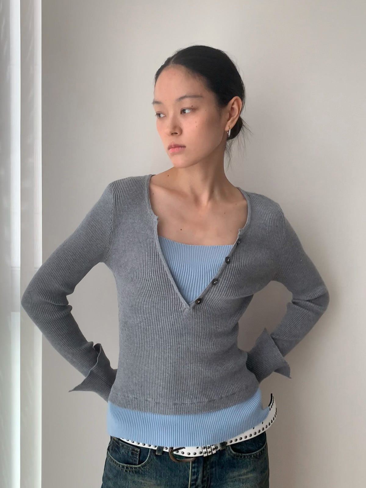 Illusion Two Tops V-Neck Ribbed Long Sleeve Top