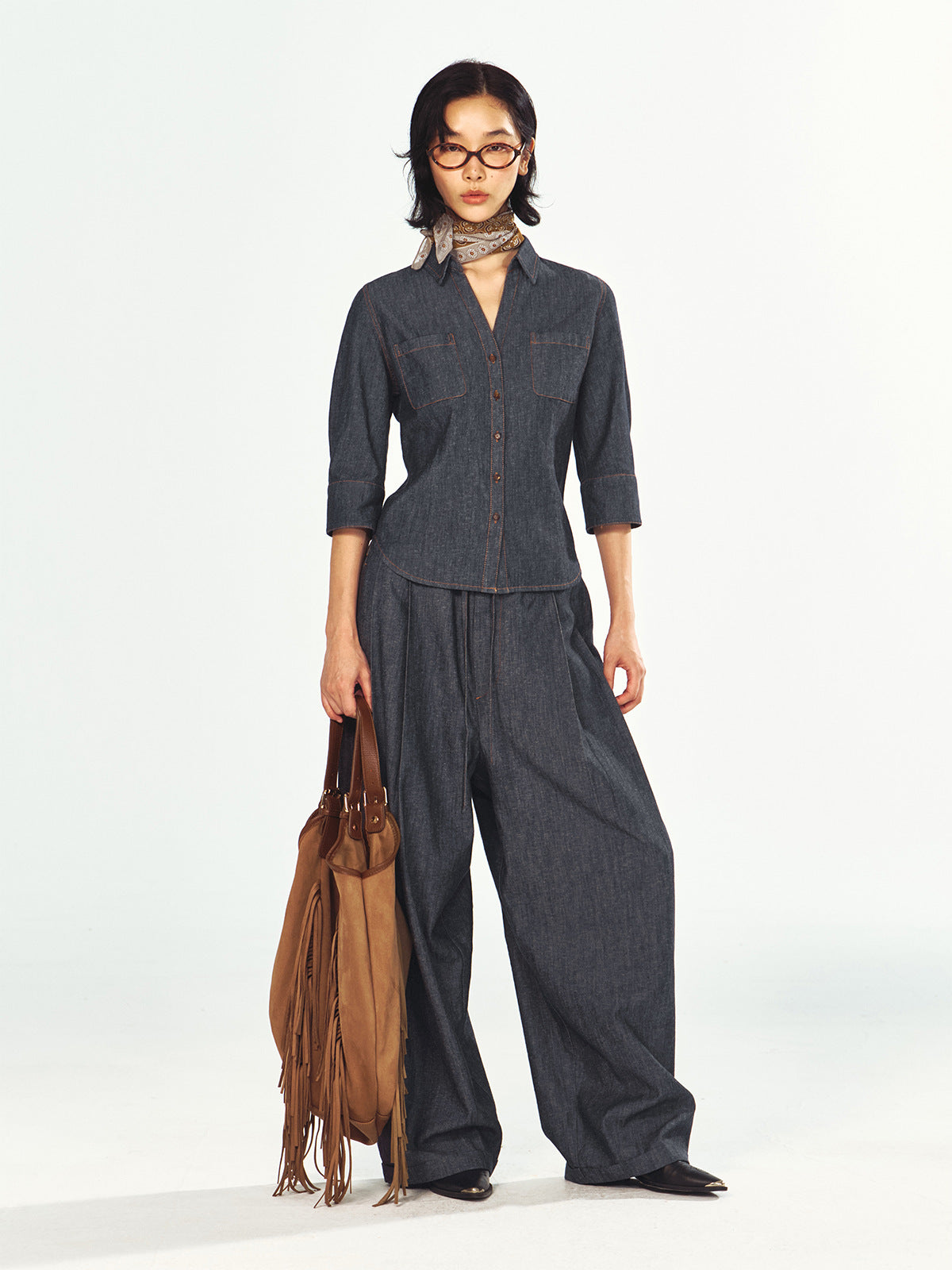 Linen Cotton Waist-Cinching Denim Shirt