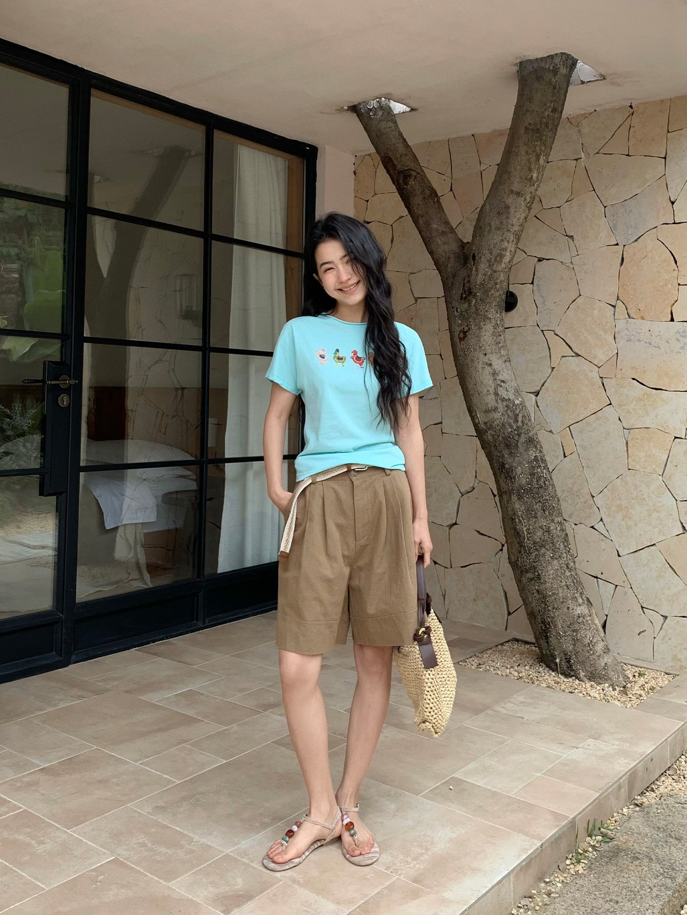 Linen Casual Wide-leg Belt Shorts