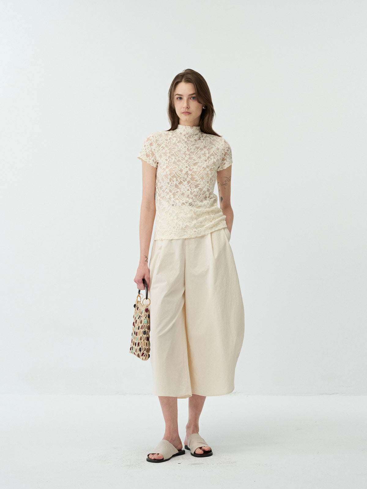 Lace Stand-collar Cut-out T-shirt Top