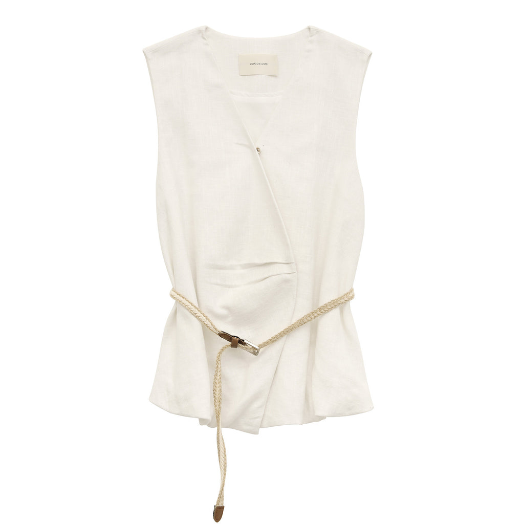 Textured Linen Blend Cross Sleeveless Vest with Belt