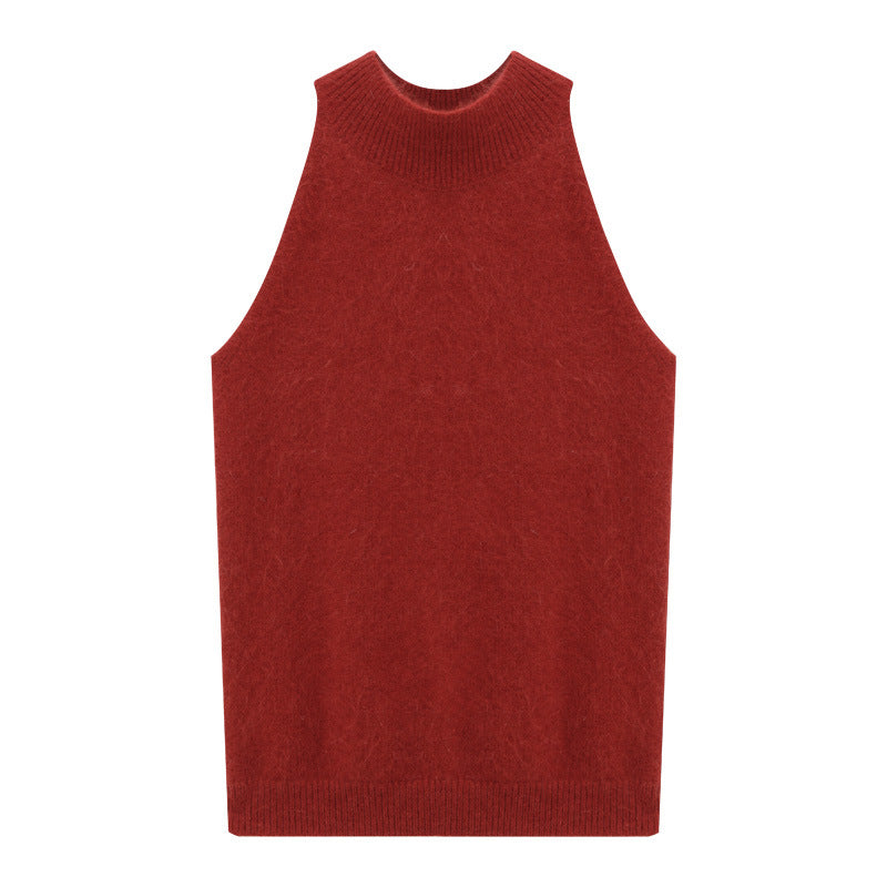 Fuzzy Knit High-Neck Sleeveless Sweater Top