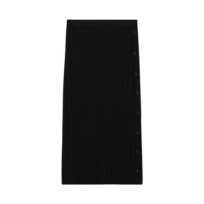 Ribbed Knit Midi Buttoned-Side Slim Skirt