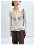 Sheer Layering Polo Collar Wool Knit Top