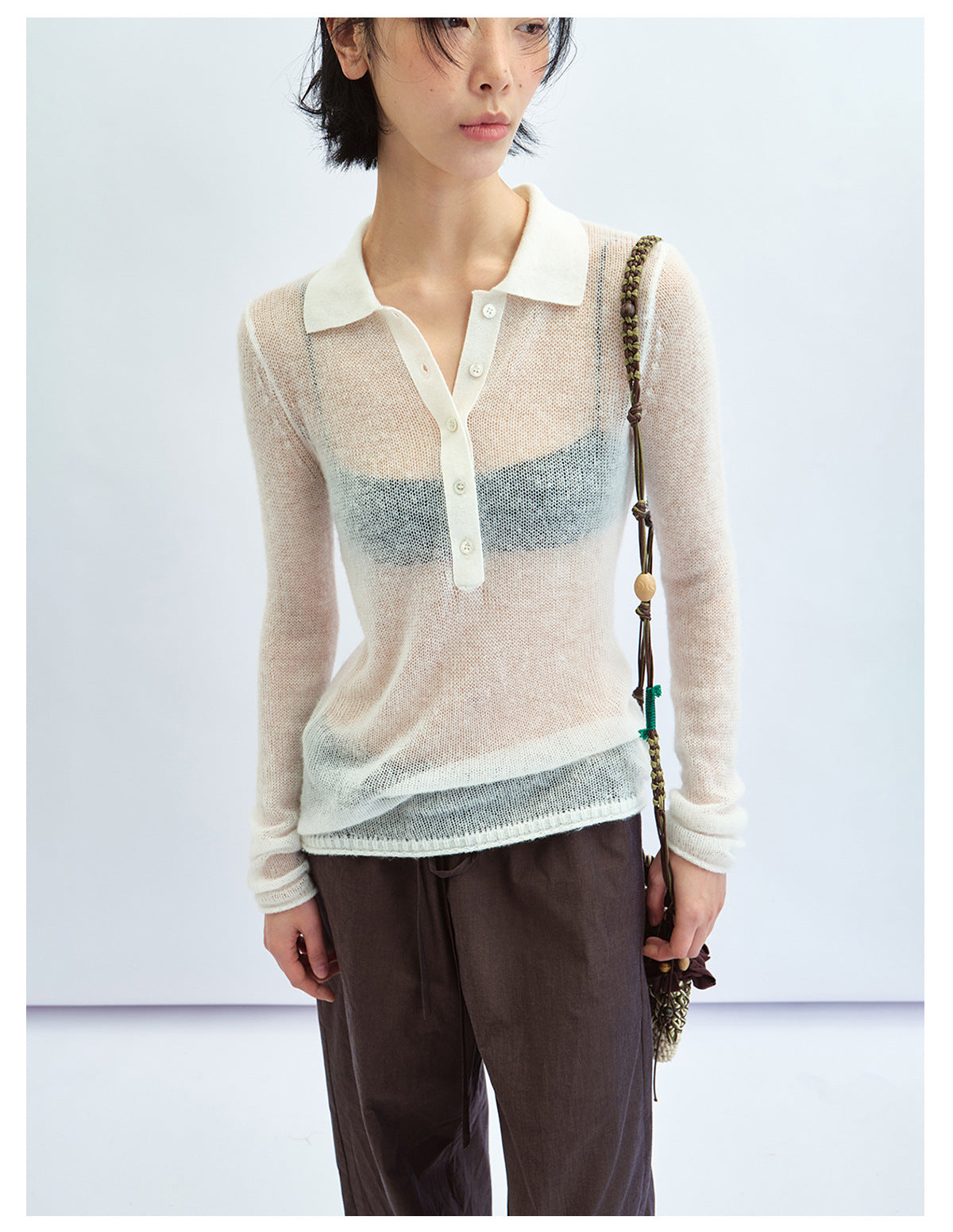 Sheer Layering Polo Collar Wool Knit Top