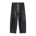 PU Leather Barrel Leg Drawstring Cargo Pants