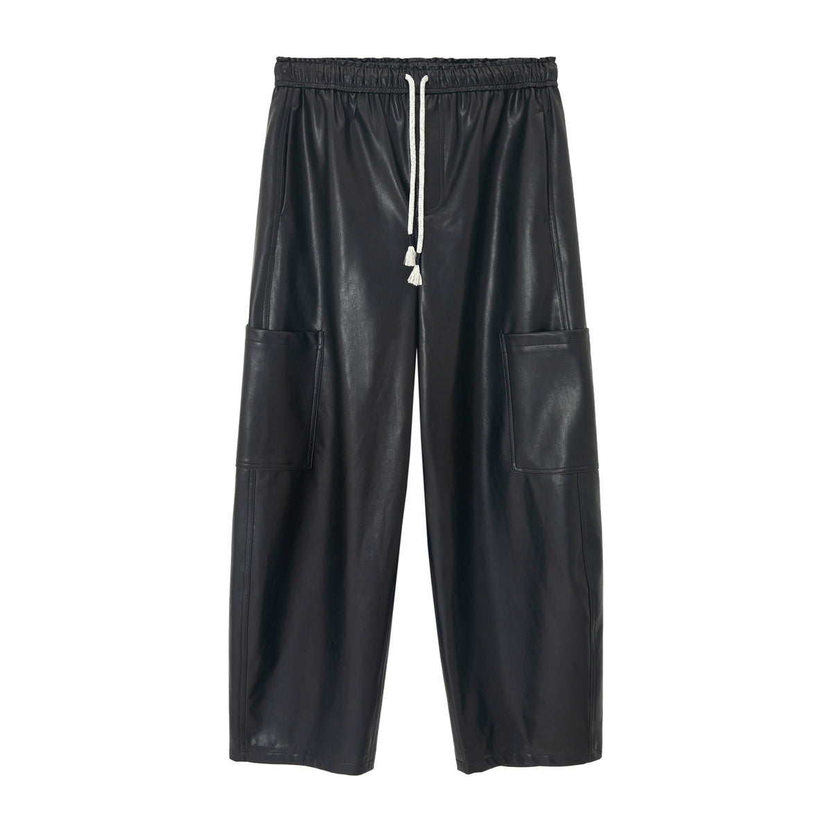 PU Leather Barrel Leg Drawstring Cargo Pants
