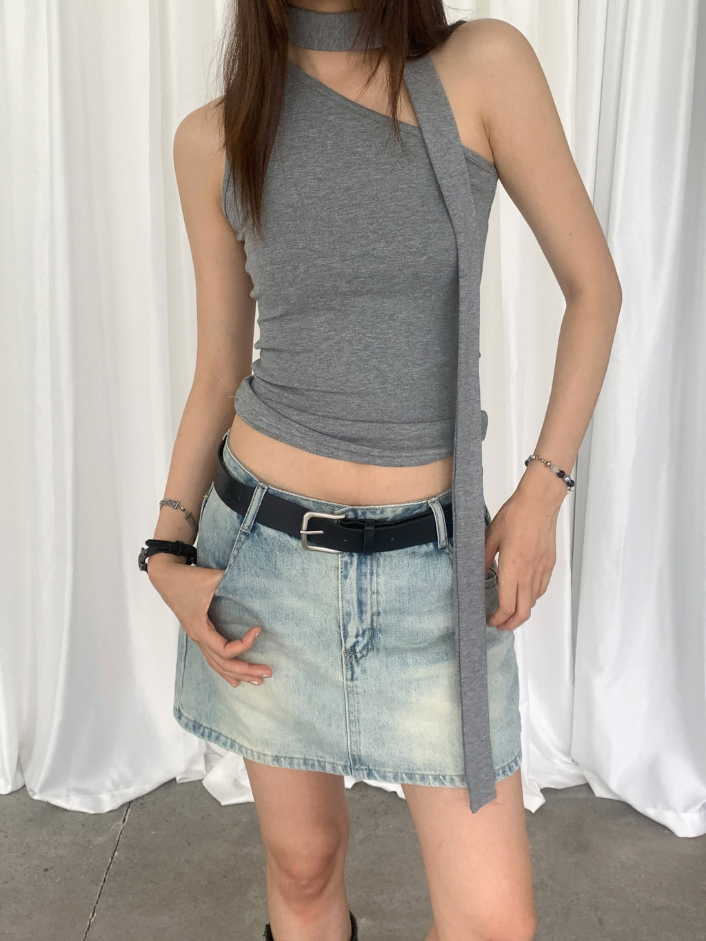 One Shoulder Mock Neck Scarf Tank Top