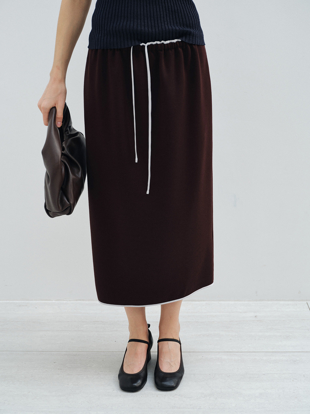 Drawstring Waist Straight Midi Skirt