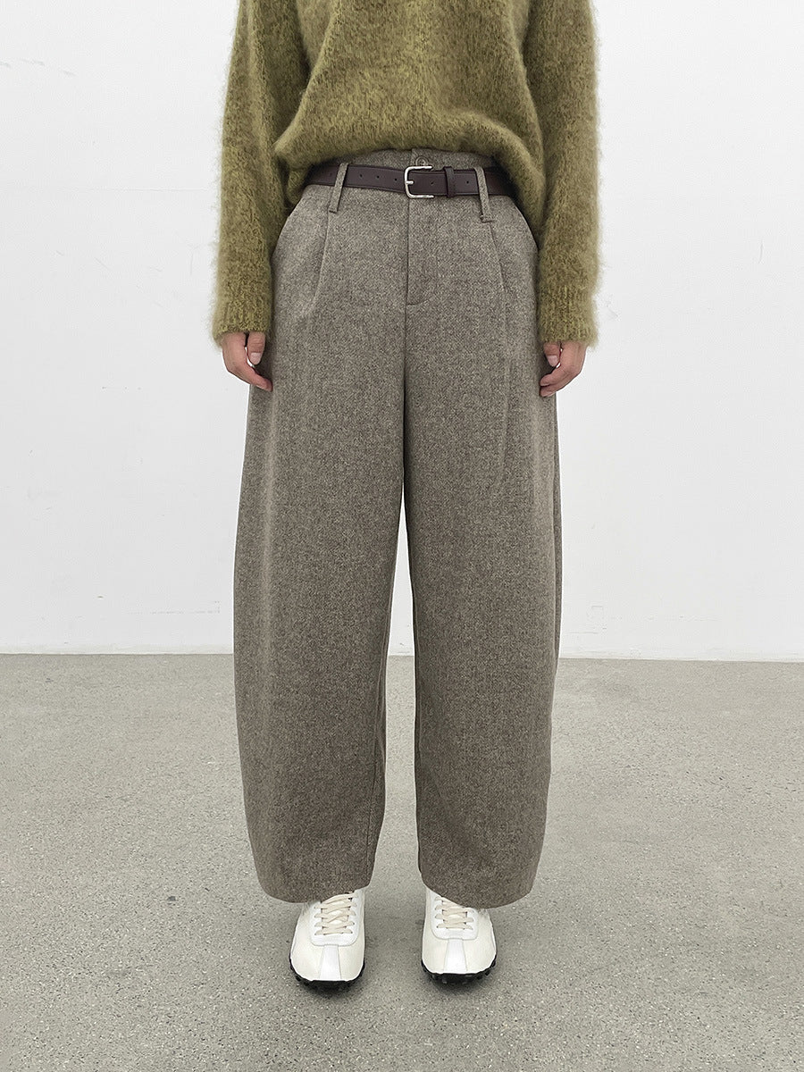 Smooth Minimalist Tweed Style Wool Pants with Belts