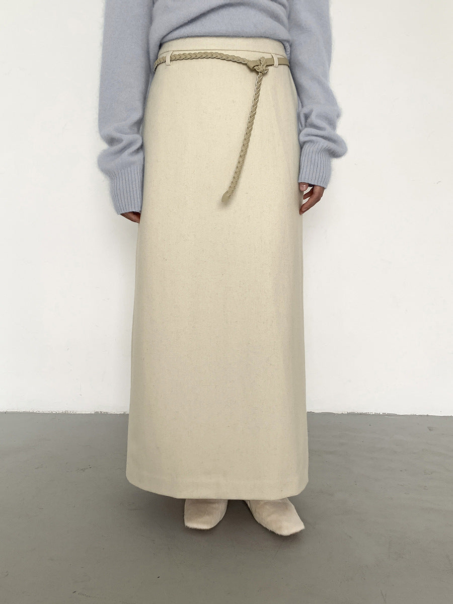 Hepburn Style Wool Straight Cut Maxi Skirt with Stylish Rope Belt