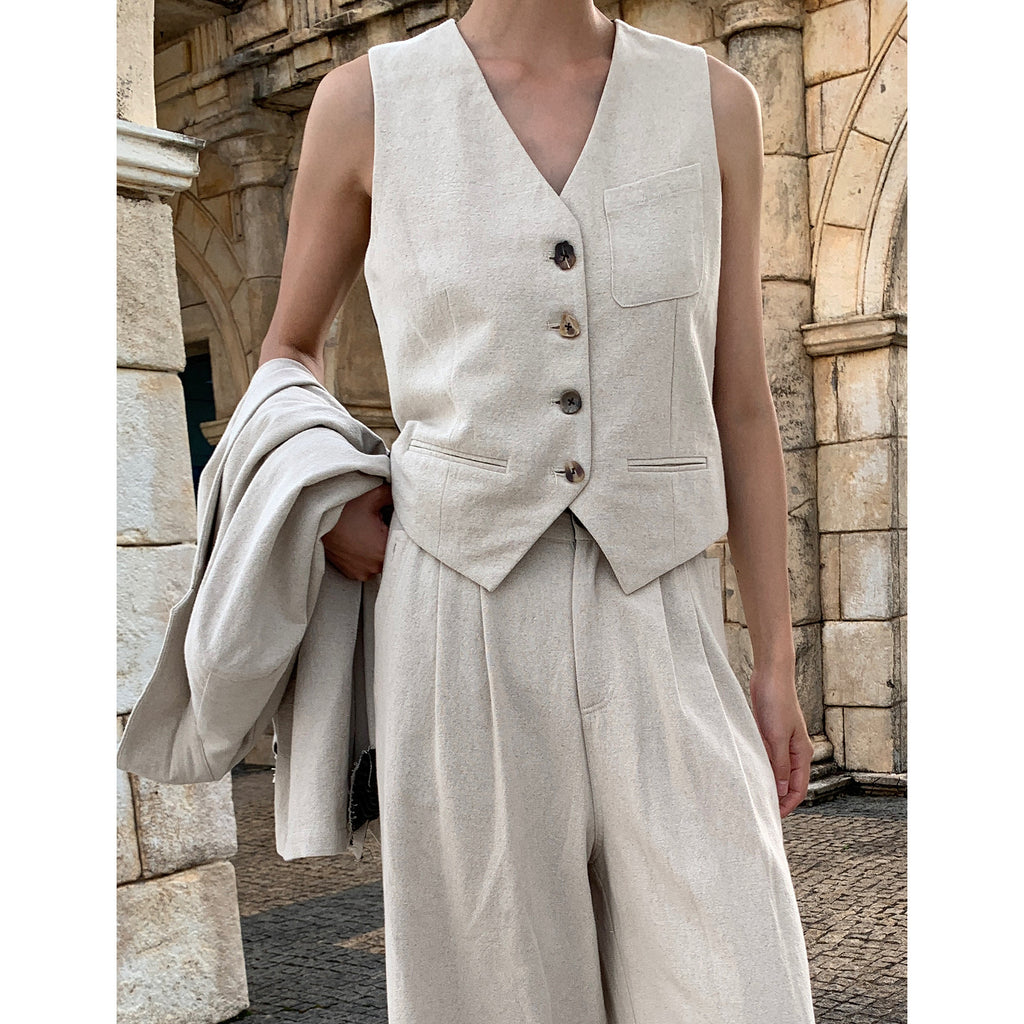 V-Neck Linen Patchwork Suit Vest