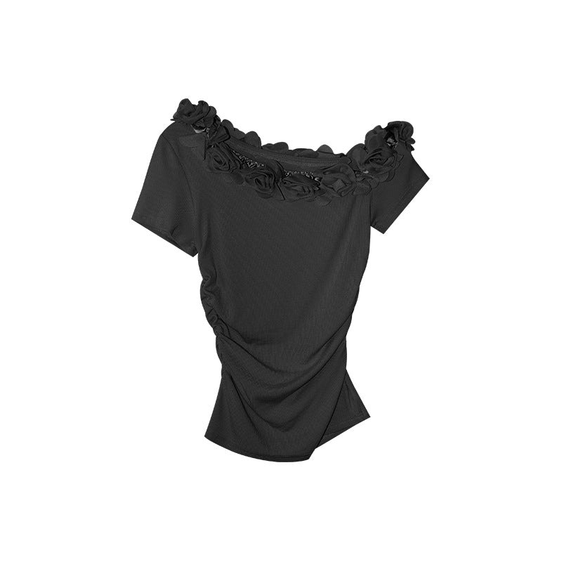 Floral Appliqué Off-Shoulder Knit Top