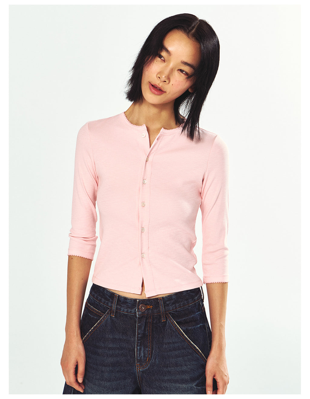 Three-quarter Sleeve Single-breasted Slim Fit Knit Top