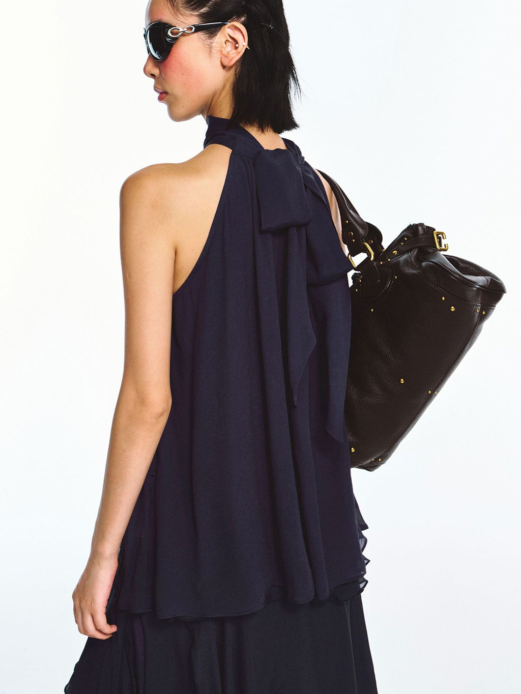 Silk Double Crepe Tie Strap Halter Multi-Layer Top