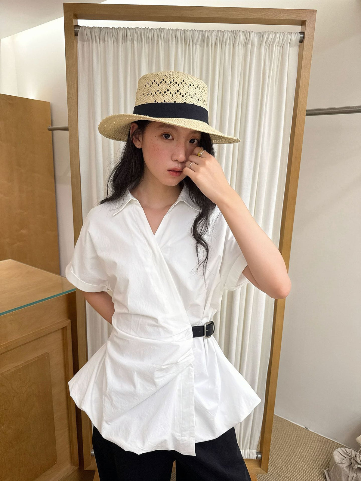 Belted Wrap Peplum Blouse Shirt Top