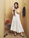 Square-Neck Fitted Bodice Midi Dress with Gathered Flare Skirt