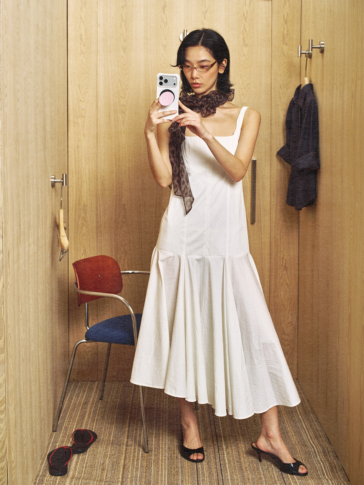Square-Neck Fitted Bodice Midi Dress with Gathered Flare Skirt