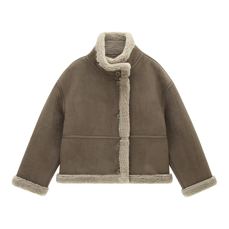 Stand Collar Faux Fur Smooth Coat