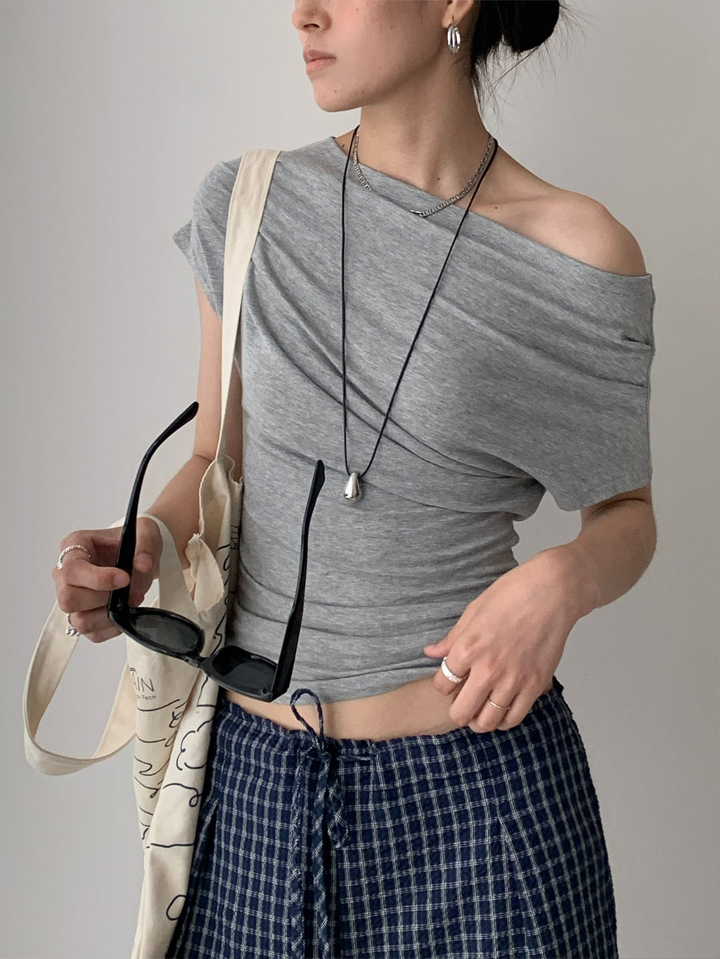 Draped Off Shoulder Boat Neck Ruched Fitted Top