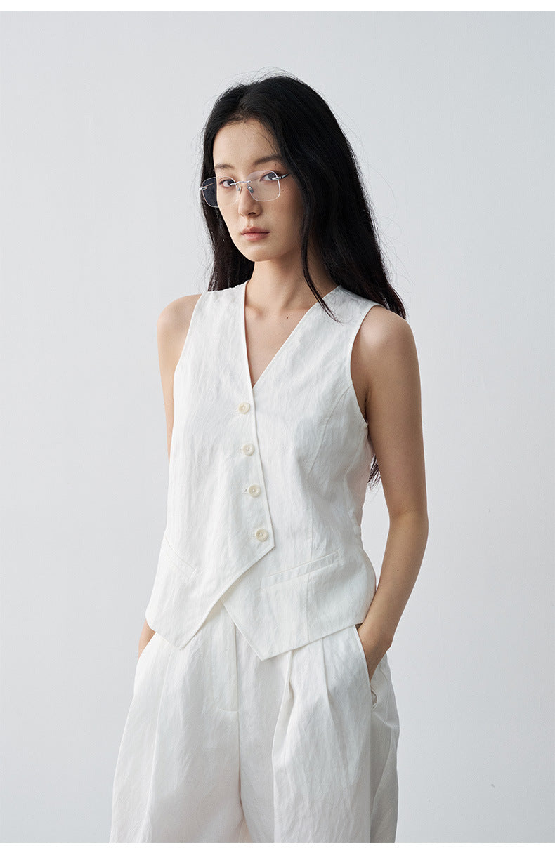 Minimalist Tencel V-neck Diagonal Vest Waist-cinching Sleeveless Top