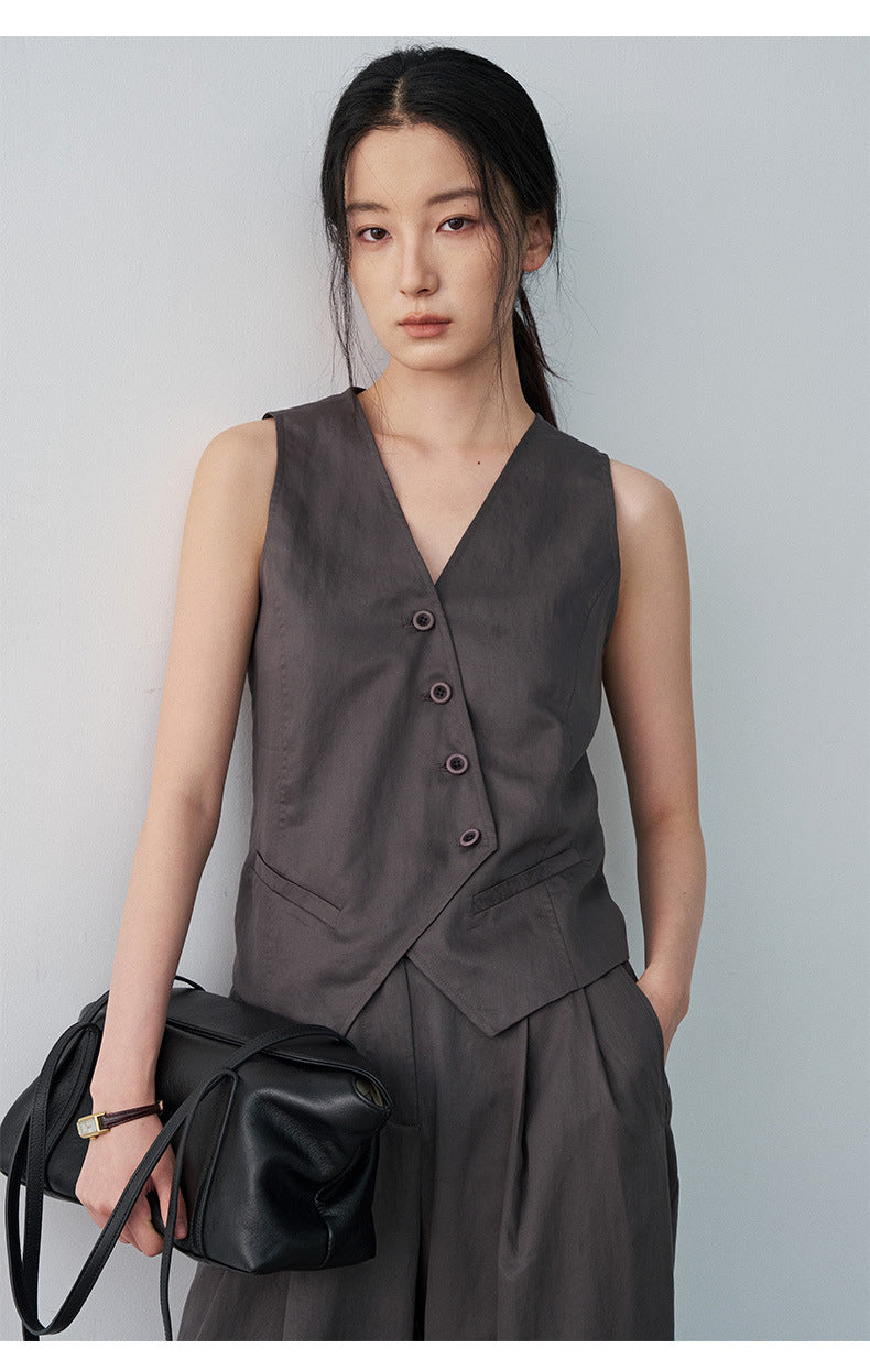 Minimalist Tencel V-neck Diagonal Vest Waist-cinching Sleeveless Top